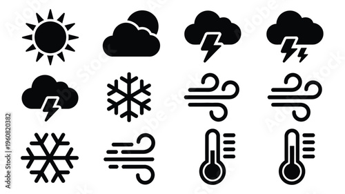 Weather icons set including sun clouds rain snow wind and temperature symbols in black silhouette on white background for forecasting and climate design