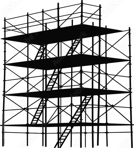 Construction scaffolding structure silhouette with stairs, industrial building framework architecture concept