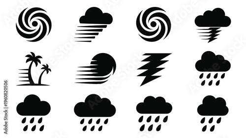 Collection of modern minimal weather icons including clouds rain wind and storm symbols in black on white background