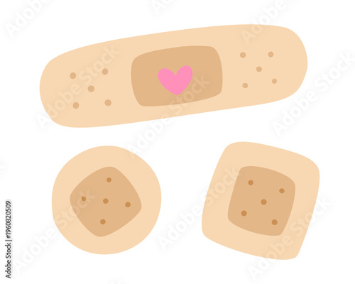 Plasters medical vector set in naive cartoon style. Kawaii bandage strip with pink heart, round, and square adhesive plaster isolated on white. First-aid healthcare design, pharmacy stationery, packag