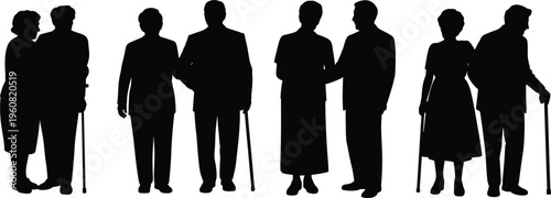 Group of elderly people silhouettes with canes, senior community aging lifestyle concept