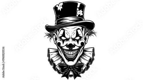 Scary Clown with Top Hat and Ruffled Collar, Black and White Illustration