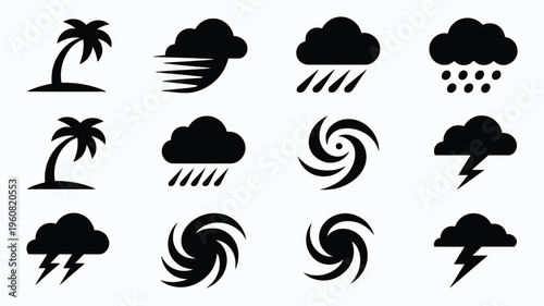 Collection of 12 modern minimal weather icons featuring clouds rain wind lightning and palm trees in black on white background
