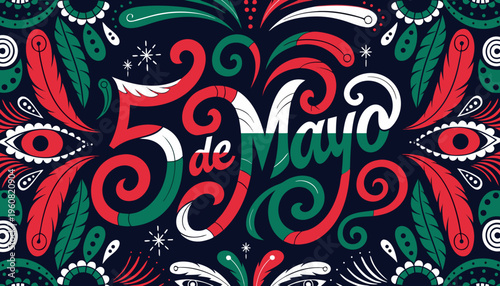 Cinco de Mayo festive banner with ornate lettering and Mexican folk art patterns. 5 de Mayo holiday greeting card vector illustration. Concept Cinco de Mayo, Mexican Independence Day.