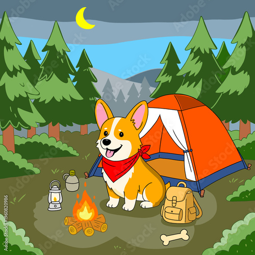 A dog camping in the woods