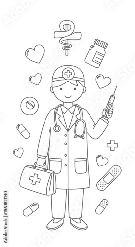 Cartoon Doctor with Medical Symbols, Syringe, First Aid Kit, and Pills