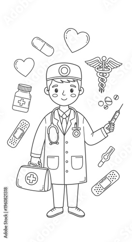 Cartoon Doctor with Medical Supplies and Caduceus Symbol