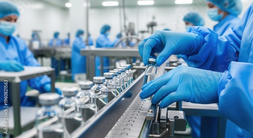 Factory workers in blue protective suits handle small bottles on an assembly line in a clean facility. Multiple employees work at stations in the sterile environment for pharmaceutical production.
