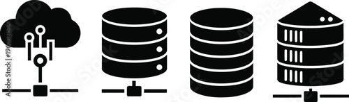 Database, server, and cloud storage icons, data management symbols, black vector graphics