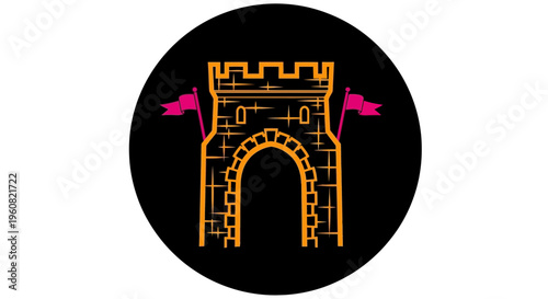 A castle gate icon with pink arrows.