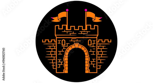 A stylized orange castle icon on black.