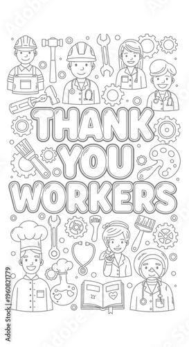 Thank You Workers: Diverse Professionals, Tools, and Gratitude Illustration