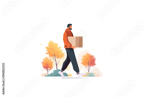 Young caucasian male walking with package in autumn scene