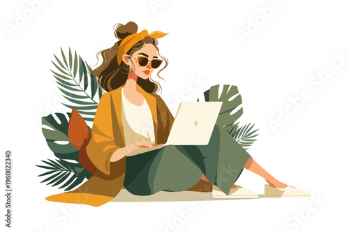 Young caucasian female in sunglasses working on laptop with tropical leaf background