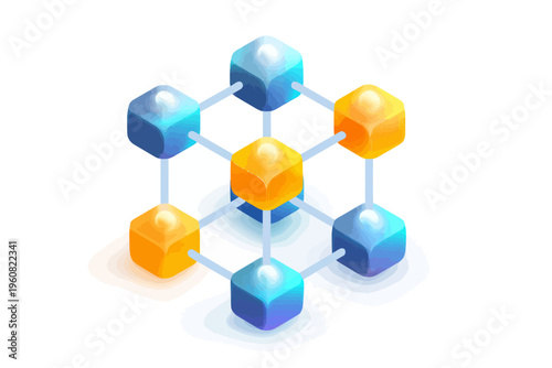 Isometric blockchain concept with connected blue and orange cubes
