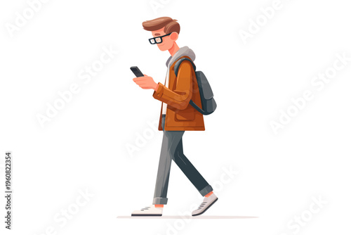 Young caucasian male teen walking with smartphone and backpack illustration