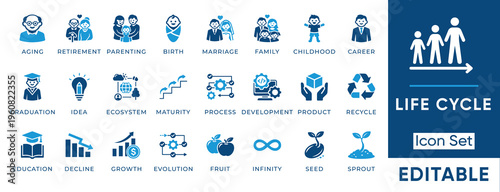 Life cycle icon set. Lifespan, human development, aging process, generation, childhood, graduation, career and retirement. Solid vector icons collection.