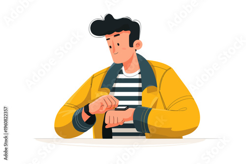Young male cartoon character checking smartwatch time in striped shirt and yellow jacket