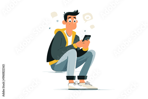 Young caucasian male cartoon character using smartphone in casual attire