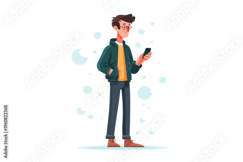 Young caucasian male teen using smartphone wearing glasses and casual clothing