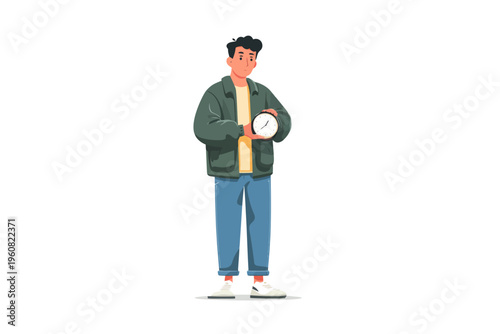 Young male holding clock - casual outfit illustration