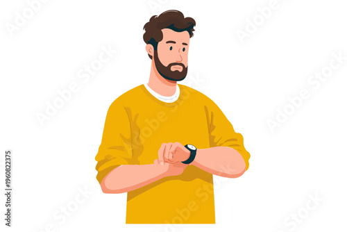 Young caucasian male checking smartwatch time in casual yellow sweater illustration