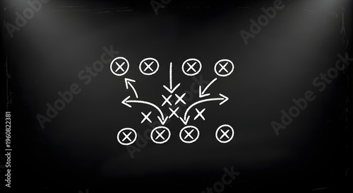 Football Play Diagram Drawn with Chalk on a Black Board for Strategy and Tactics
