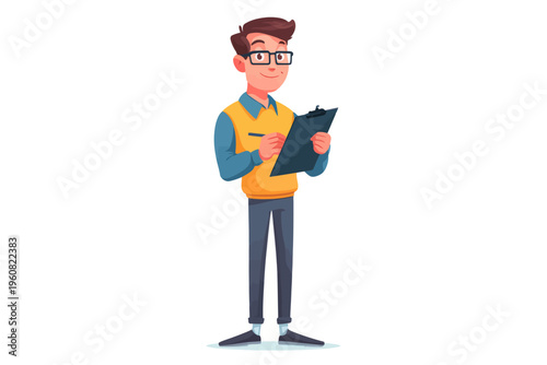 Young caucasian male holding clipboard with glasses and sweater