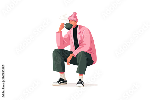 Young caucasian male in pink outfit drinking coffee and squatting