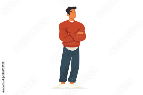 Smiling young caucasian male in red sweater with arms crossed on white background