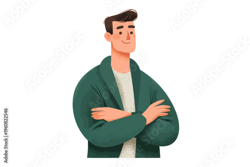 Cartoon illustration of young caucasian male with dark hair in green jacket