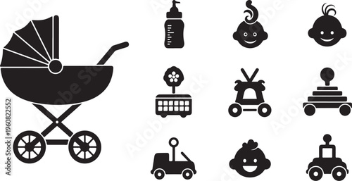 Baby Care Icons and Stroller on White Background