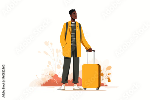 Young african male traveler with yellow suitcase in stylish outfit