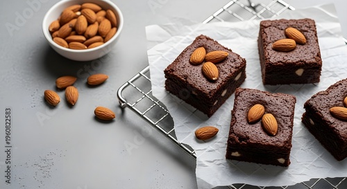 Four Rich Chocolate Brownies Each Topped with Three Whole Almonds on a Cooling Rack