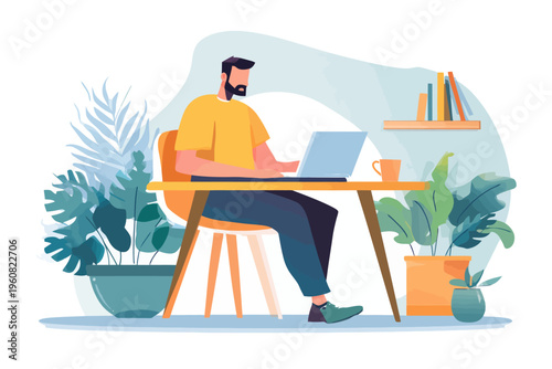 Young caucasian male working on laptop at home with plants and coffee cup
