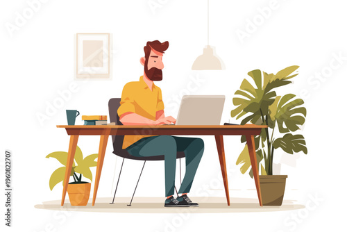 Young caucasian male using laptop at home office with indoor plants