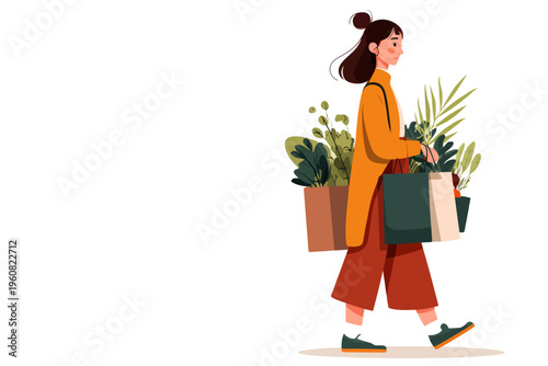 Young asian female shopping with plants in eco-friendly bags