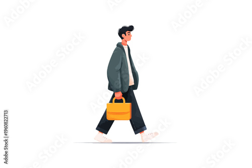 Young caucasian male walking with yellow bag on white background