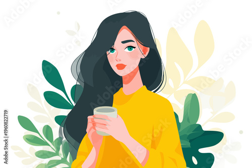Illustrated asian young female holding cup with lush leafy background