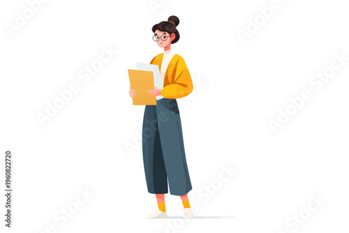 Young caucasian female cartoon character holding documents in casual outfit