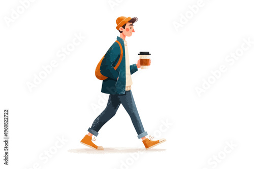 Young caucasian male with backpack walking and holding coffee cup