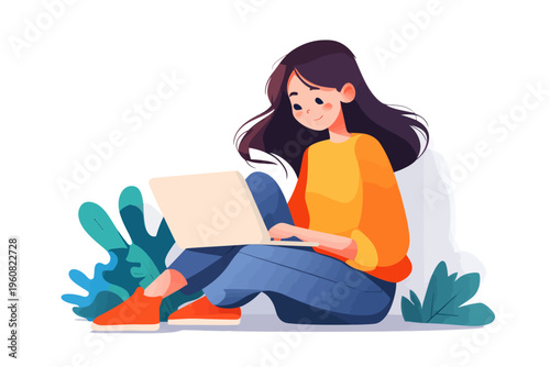 Young hispanic female using laptop outdoors with plants