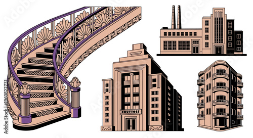 A set of architectural elements and buildings.