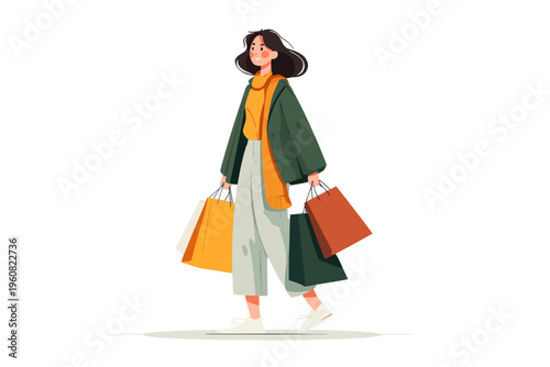 Young asian female shopping with bags in casual attire