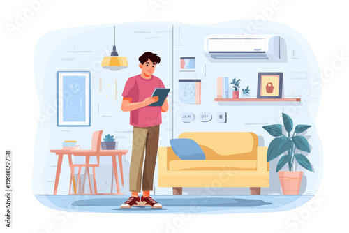 Young hispanic male using tablet in stylish modern living room