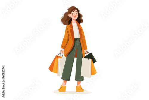 Young caucasian female with brown hair shopping and carrying shopping bags