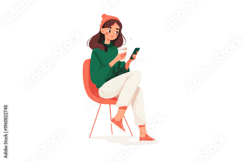 Young female character enjoying coffee and smartphone in a cozy setting