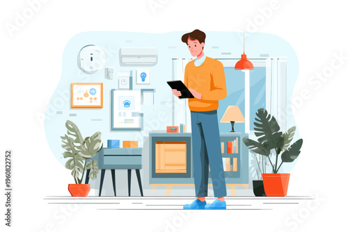 Young caucasian male using smart home technology in modern living room