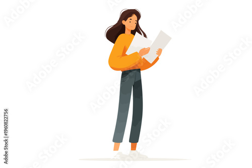 Young asian female reading document in casual attire