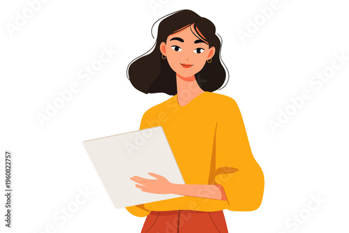 Young asian female holding document with confident expression
